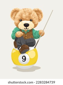 Vector illustration of cute teddy bear in billiard player costume holding billiard stick sitting on big billiard ball