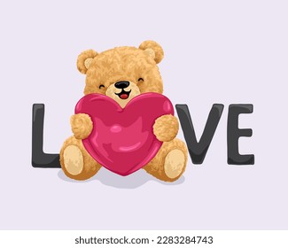 Vector illustration of cute teddy bear hugging love heart