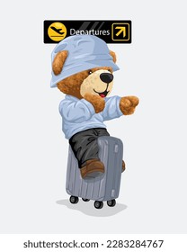 Vector illustration of cute teddy bear sitting on luggage on airport departure board background