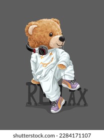 Vector illustration of cute teddy bear with headphone sitting on relax text