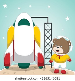 Vector illustration of cute teddy bear and rocket ship, Vector illustration. T-Shirt Design for children. Design elements for kids.
