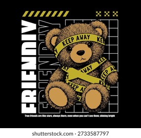 Vector illustration of a cute teddy bear wrapped in yellow tape with edgy graphics for t-shirt print design template.