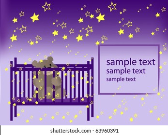 Vector illustration of cute teddy bear sitting on a baby`s bed and looking on stars