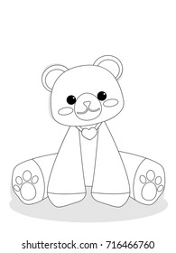 Vector illustration of cute teddy bear with heart necklace. Cartoon outline illustration of animal character for coloring book. 