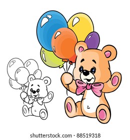  Vector Illustration of cute teddy bear with balloons in color ; isolated on background.