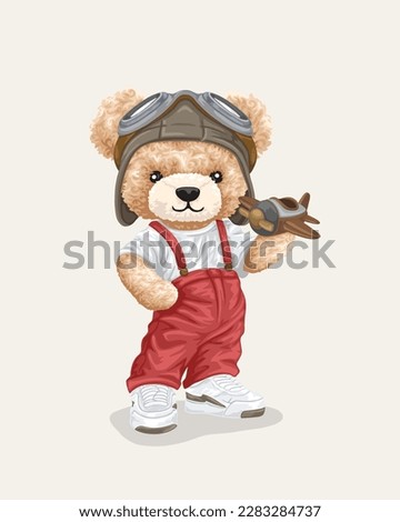 Vector illustration of cute teddy bear with pilot helmet holding airplane toy