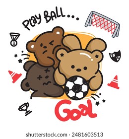 Ilustración vectorial de ositos de peluche lindos jugando al fútbol, rodeados de Elementos lúdicos como un gol, una medalla y un trofeo. Perfecto para diseños de temática deportiva.