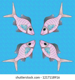 Vector illustration. Cute texture fish pattern. Seamless colorful background. Fishes in blue, violet and brown colors.