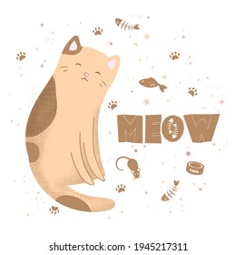 Vector illustration with cute textured cartoon cat and hand drawn lettering Meow isolated on white background. Design for t-shirt print, fabric, wallpaper, card