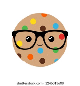 Vector illustration of a cute textured cookie biscuit with geeky glasses and a happy face. Smart Cookie. Cute food phrase.