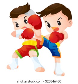 Vector illustration of Cute Thai boxing kids fighting actions knee over strike and back kick