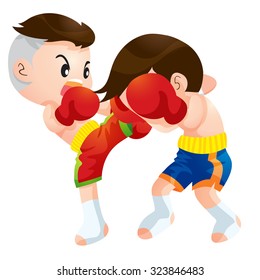 Vector illustration of Cute Thai boxing kids fighting actions knee over strike and back kick