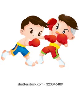 Vector illustration of Cute Thai boxing kids fighting actions knee over strike and back kick