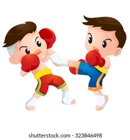 Vector illustration of Cute Thai boxing kids fighting actions knee over strike and back kick