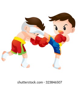 Vector illustration of Cute Thai boxing kids fighting actions knee over strike and back kick