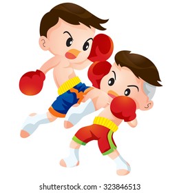 Vector illustration of Cute Thai boxing kids fighting actions knee over strike and back kick