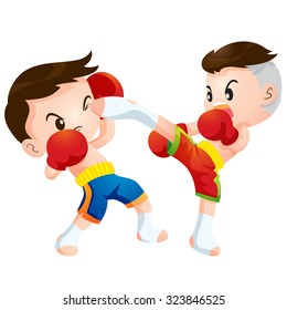 Vector illustration of Cute Thai boxing kids fighting actions knee over strike and back kick