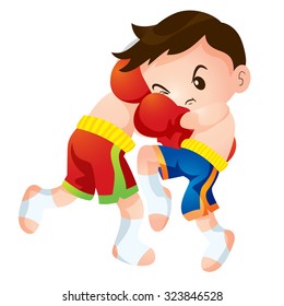 Vector illustration of Cute Thai boxing kids fighting actions knee over strike and back kick