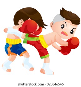 Vector illustration of Cute Thai boxing kids fighting actions knee over strike and back kick