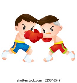 Vector illustration of Cute Thai boxing kids fighting actions knee over strike and back kick