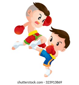 Vector illustration of Cute Thai boxing kids fighting actions knee over strike