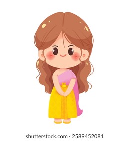 Vector illustration of a cute Thai girl wearing a traditional Thai dress. Adorable cartoon character with a happy expression, perfect for cultural designs, festivals, and children’s illustrations.