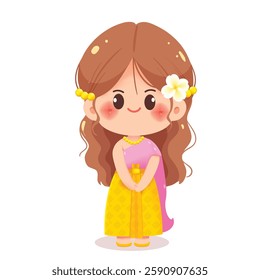 Vector illustration of a cute Thai girl in a traditional Thai dress standing and smiling. Perfect for cultural projects, children’s artwork, and Thai heritage themes.