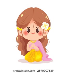 Vector illustration of a cute Thai girl sitting gracefully and greeting with a wai in a traditional Thai dress. Perfect for cultural themes, travel projects, and children’s art.