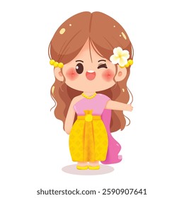 Vector illustration of a cute Thai girl in a traditional Thai dress waving happily. Great for cultural projects, children’s designs, and character illustrations.