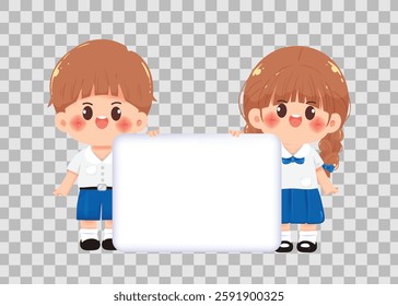 Vector illustration of a cute Thai school boy and girl in uniform holding a blank sign. Perfect for educational designs, school projects, presentations, and classroom decorations.