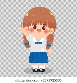 Vector illustration of a cute Thai school girl in a blue and white uniform, smiling and waving happily. Perfect for educational designs, school projects, and character illustrations.