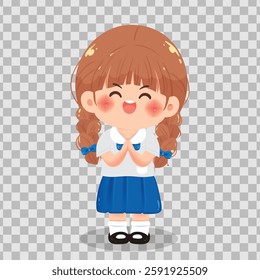 Vector illustration of a cute Thai school girl in a blue and white uniform, smiling and greeting with a wai gesture. Perfect for educational designs, school projects, and cultural themes.