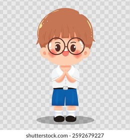 Vector illustration of a cute Thai school boy in a white and blue uniform, greeting with a wai gesture. Perfect for educational designs, school projects, and cultural themes.
