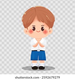 Vector illustration of a cute Thai school boy in a white and blue uniform, greeting politely with a wai gesture. Ideal for educational projects, school designs, and cultural themes.