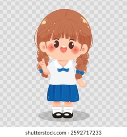 Vector illustration of a cute Thai school girl in a white and blue uniform, smiling and making a hand gesture. Ideal for educational materials, school projects, and children's designs.