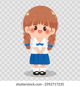 Vector illustration of a cute Thai school girl in a white and blue uniform standing politely with her hands together. Ideal for educational materials, school projects, and cultural designs.