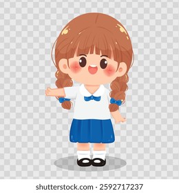 Vector illustration of a cute Thai school girl in a white and blue uniform, smiling and pointing. Perfect for educational designs, school projects, and children’s content.