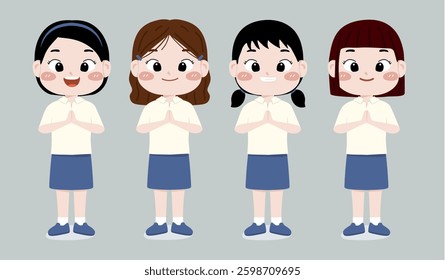 vector illustration of Cute Thailand girls in school uniform set