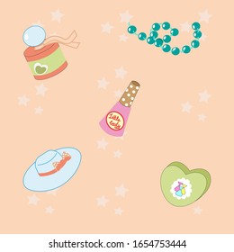 Vector illustration of cute things for little lady.Set of cosmetic elements with perfume, nail polish,sweets, hat and necklace