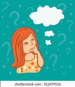 Vector illustration of a cute thinking girl with a cloud. Bright blue background with question marks and dots.