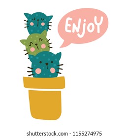 vector illustration, cute three cats sitting in a pot and enjoy hand lettering text