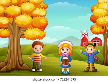 Vector illustration of Cute three kids in farm background