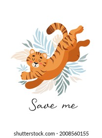 Vector illustration of a cute tiger among tropical leaves of palm and monstera. Animal protection. Ecology. International Tiger Day. World wildlife. For poster, postcard, banner, animal welfare merch.