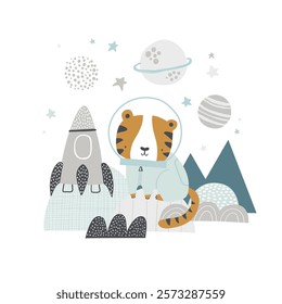 Vector illustration of cute tiger astronaut in space, planets, stars and rocket. Space landscape, mountains and humps. Animal astronauts for kids. Saturn. Perfect for invitations, postcards, posters.