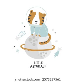 Vector illustration of cute tiger astronaut in space, planet Saturn, stars and lettering little astronaut. Space cartoon design for kids. Perfect for invitations, cards, posters. Nursery. Baby.