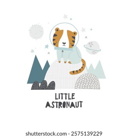 Vector illustration of cute tiger astronaut in spacesuit, planets, stars. Space landscape, mountains and humps. Animal astronauts for kids. Saturn. Perfect for invitations, postcards, posters.