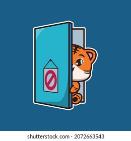 vector illustration of cute tiger behind the door, suitable for greeting cards, birthday gifts, stickers, clothes
