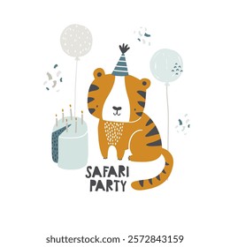 Vector illustration cute tiger in birthday cap celebrates birthday. Kid's birthday party design. Safari party. African animals. Festive elements. Cake, balloons, confetti, candles. Card, invitation.