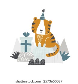 Vector illustration cute tiger in birthday cap celebrates birthday. Kid's birthday party design. Tropical. Safari party. African animals. Jungle. Card, invitation. Baby shower. Newborn.