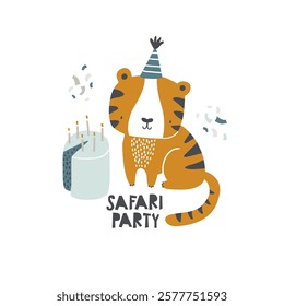 Vector illustration cute tiger in birthday cap celebrates birthday. Kid's birthday party design. Safari party. African animals. Festive elements. Cake, confetti, candles. Card, invitation.